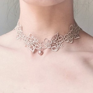 Vintage Pearl lace necklace / beige grey floral lace choker / delicate silver necklace / unique necklace  boho choker gift elegant