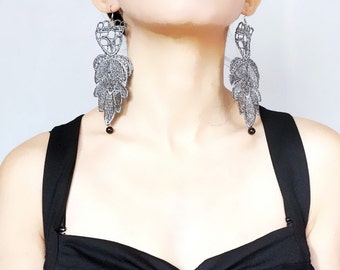 SALE large silver lace earrings / leaf plant earrings beaded / green leaf long earrings //boho chic jewelry gift