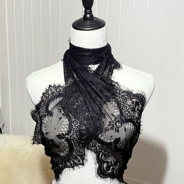 black white lace long scarf shawl wrap - sheer lace mask belt head band fancy accessory - vintage gothic multi function Boho summer scarf