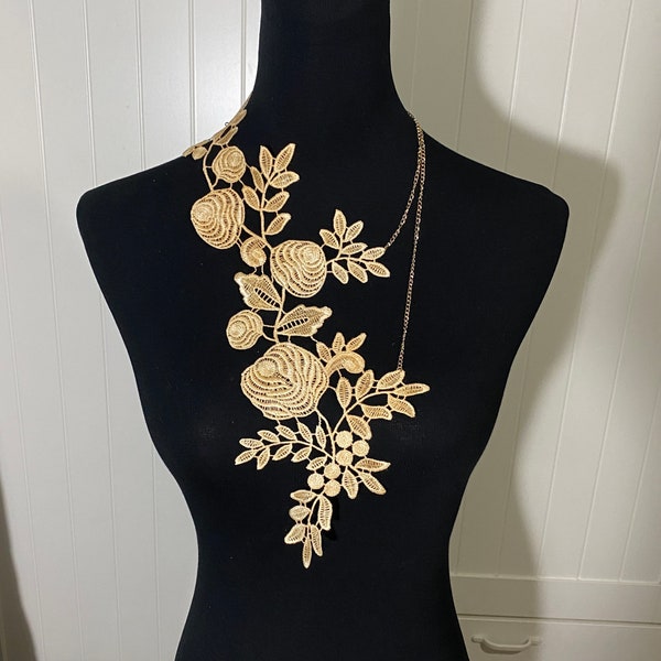 oversized Gold rose lace necklace large bib necklace / floral lace necklace / hand dyed necklace / boho White bridal wedding necklace gift
