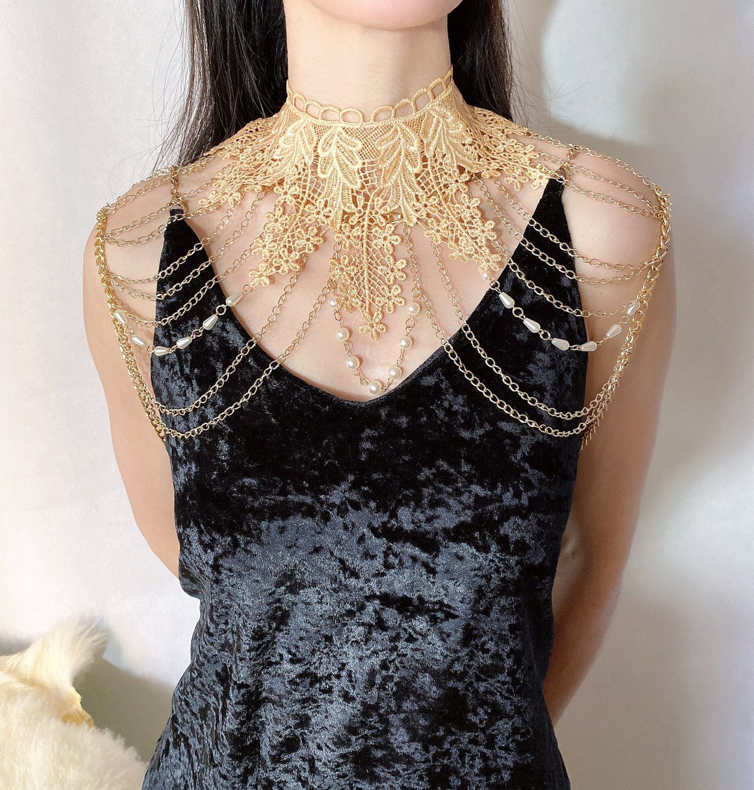 Large Gold Lace Choker Bib Statement Necklace / Layered Pearls Body