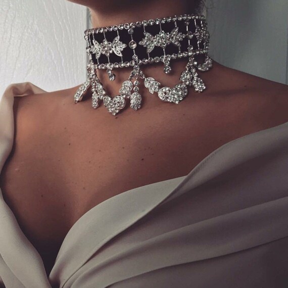 Wide Silver crystal beaded choker black velvet necklace / | Etsy
