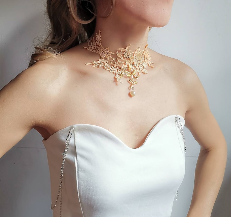 cream gold lace choker floral charm pearl beaded choker necklace white bridal victorian lace collar bib necklace Gothic gold lace choker