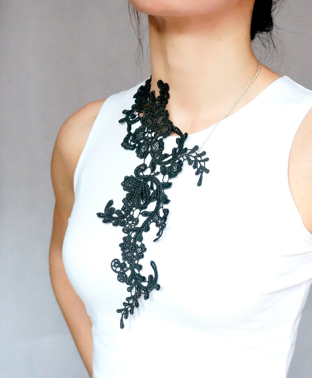 Sale large black /white floral bib lace necklace / gothic | Etsy