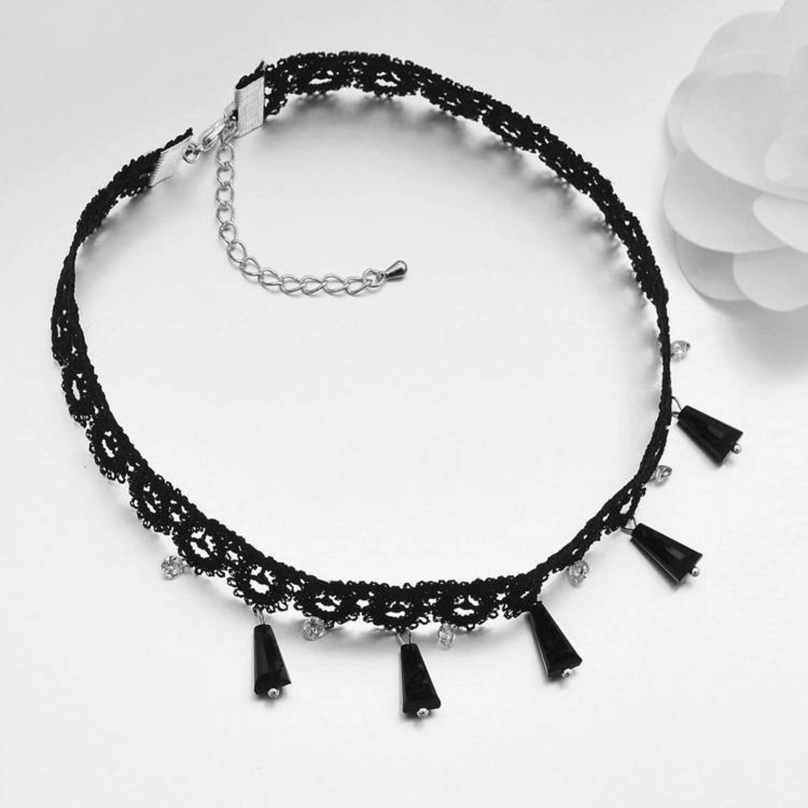 Zircon Diamonds Black Crystals Beaded Lace Choker Necklace // Etsy