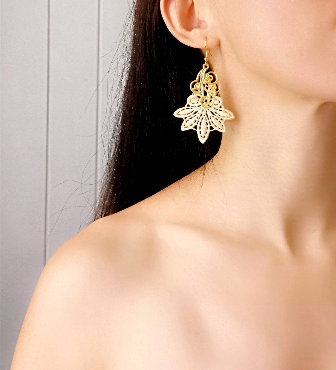 Gold lace earrings / gold charm beaded lace earrings Etsy