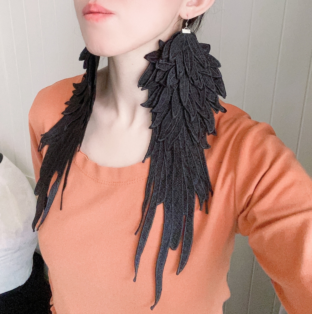Oversized Black Wings Earrings / Gothic Lace Wings Shoulder Etsy
