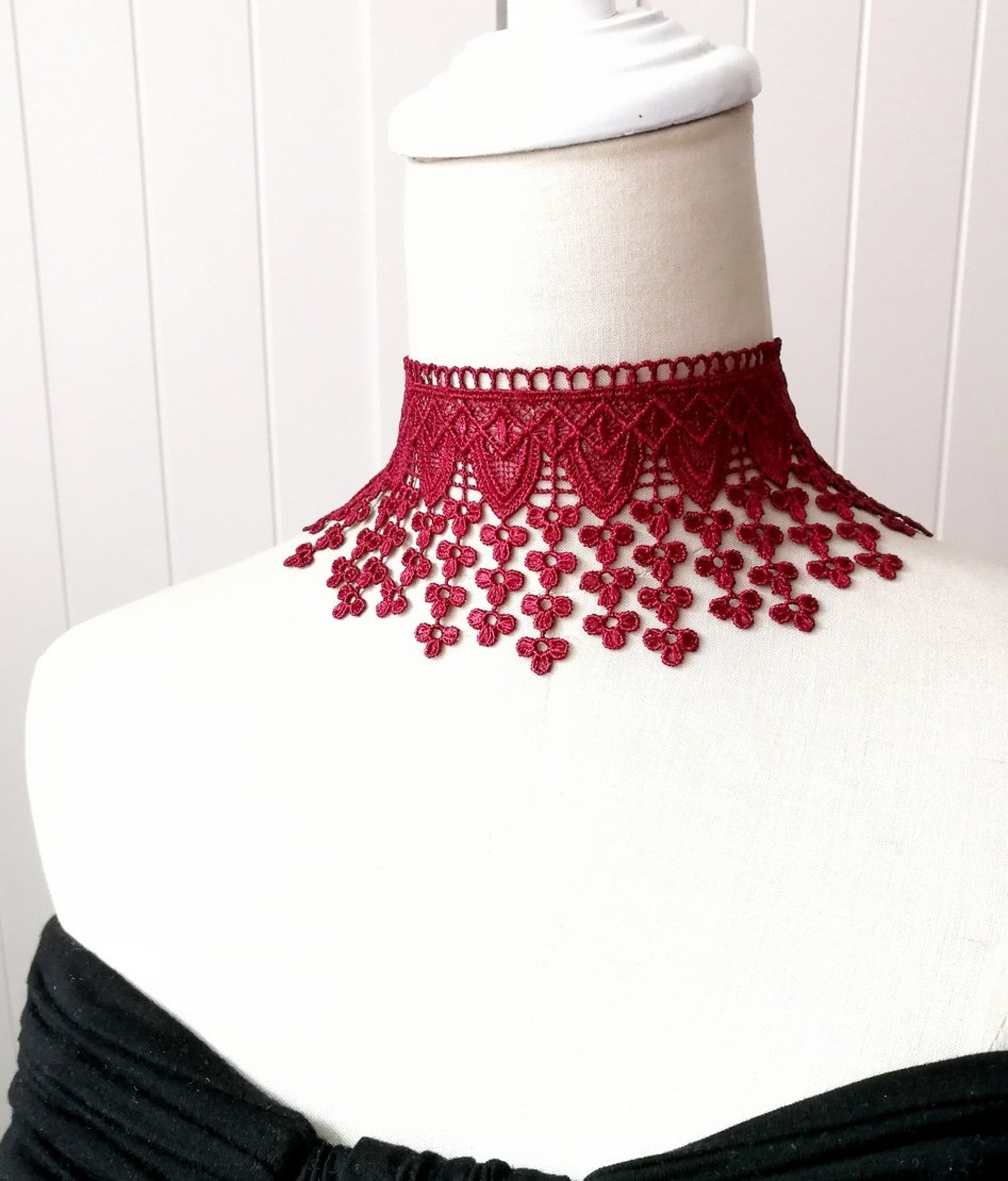 Burgundy Red Lace Choker Necklace Tassel Floral / Lace Collar Etsy