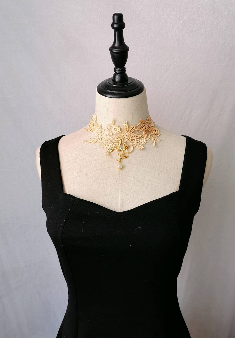cream gold lace choker floral charm pearl beaded choker necklace white bridal victorian lace collar bib necklace Gothic gold lace choker