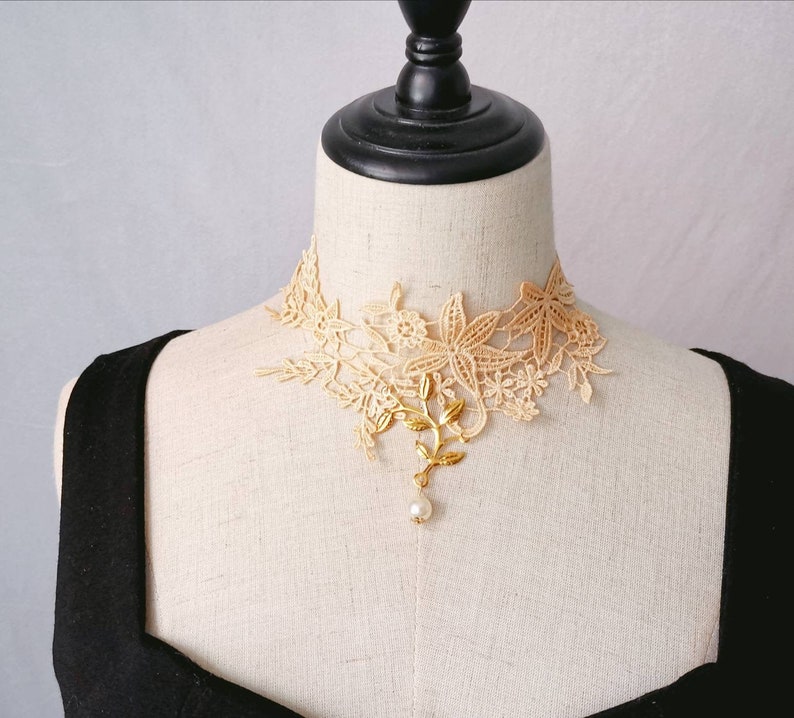 cream gold lace choker floral charm pearl beaded choker necklace white bridal victorian lace collar bib necklace Gothic gold lace choker