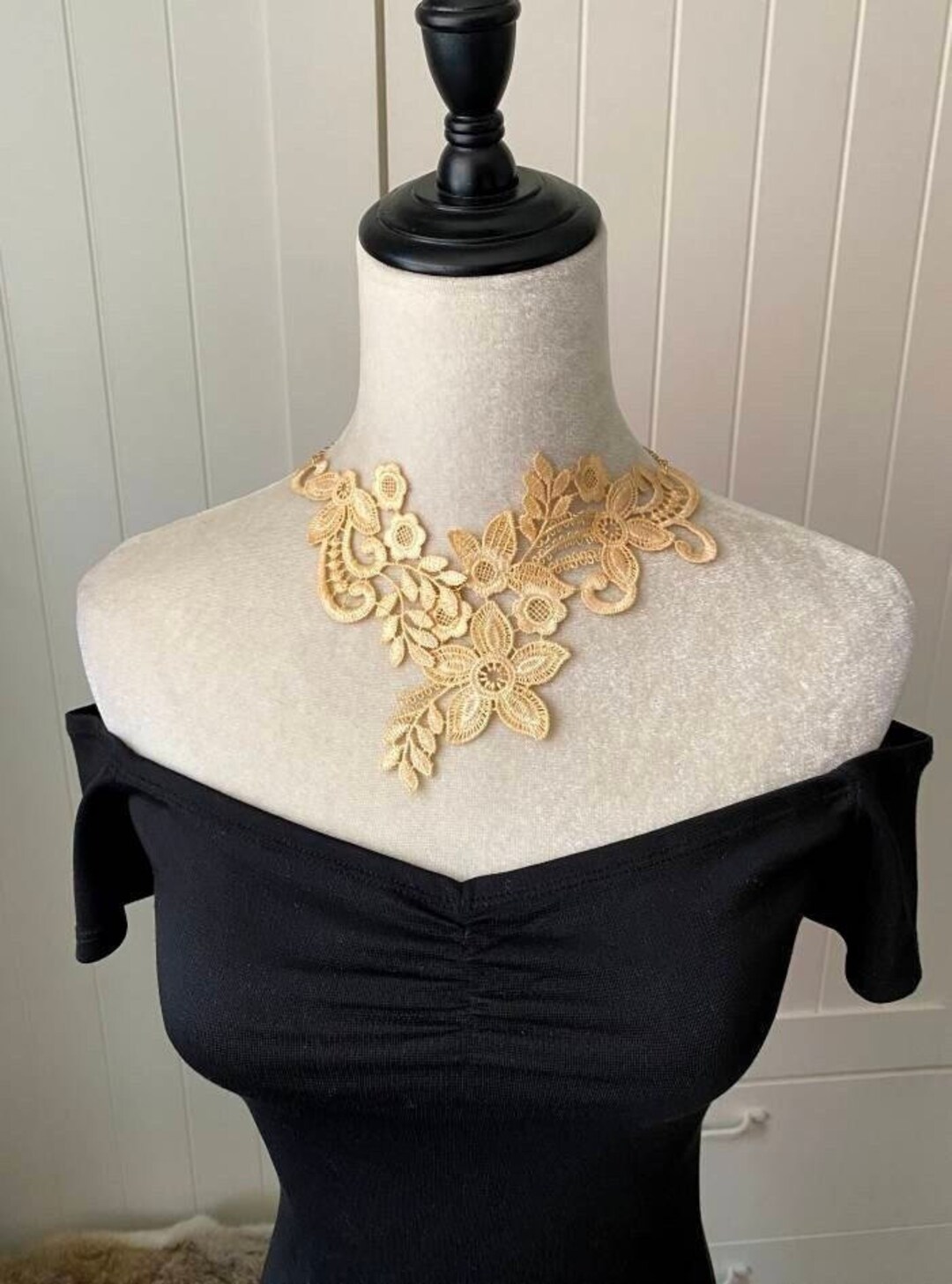 Floral Gold Lace Choker Necklace // Lace Bib Statement Necklace Flower