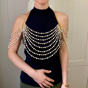 SALE pearls bolero layers gold body chain pearl vest / Wedding shoulder beaded bolero bridal shower / boho pearls  wrap capelet gift for her