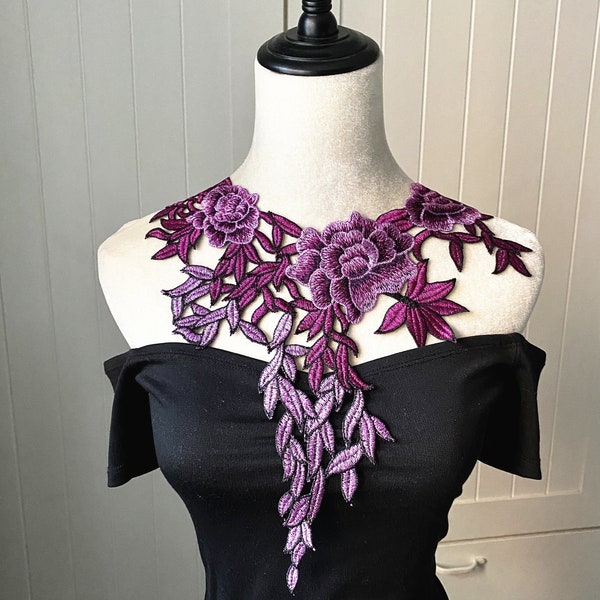 sale Purple Fuchsia floral lace bib necklace statement / embroidery lace shawl flowers  /  gothic collar vintage lace collar gift for her