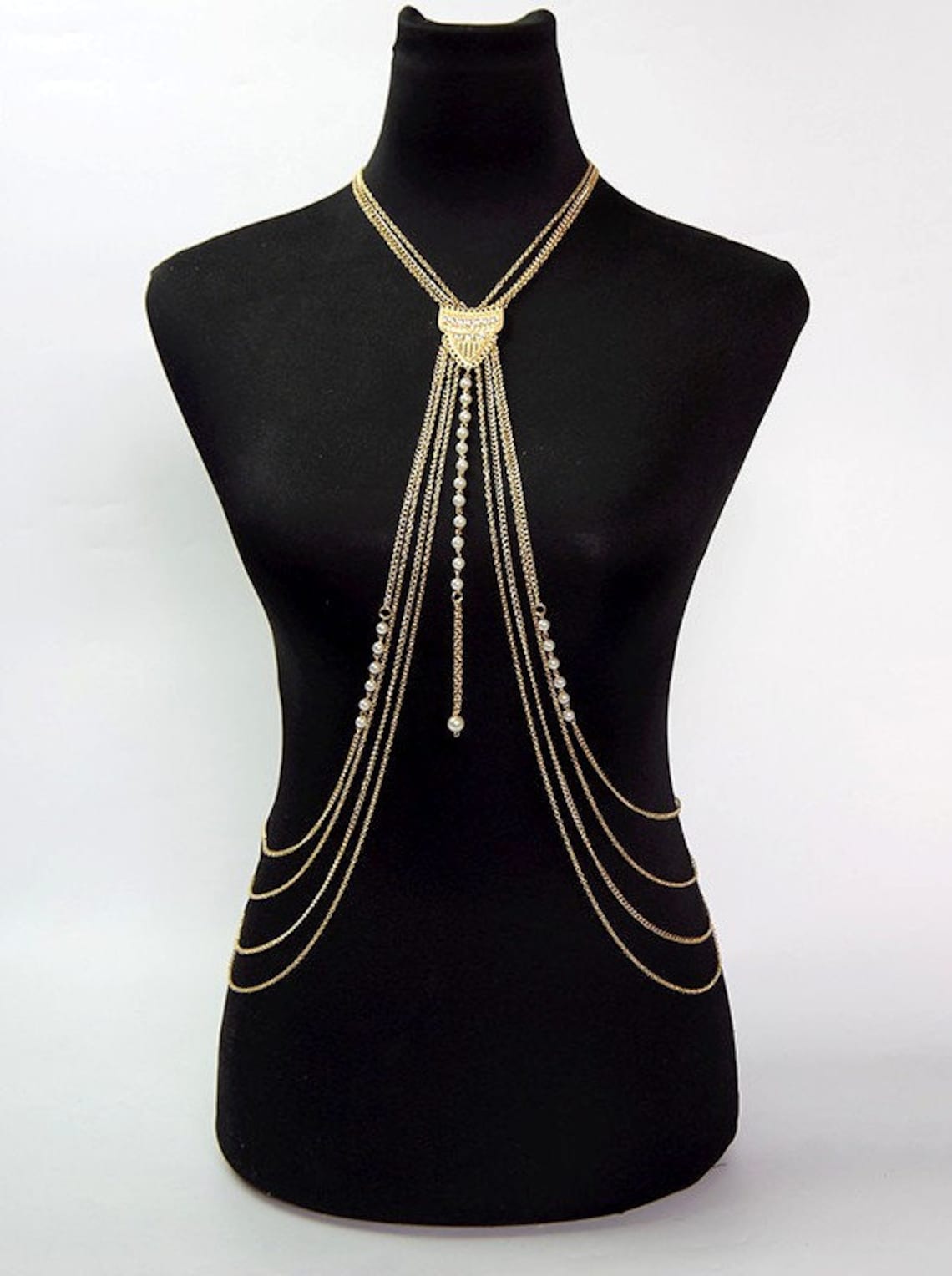 SALE Gold Body Chain pearls beaded necklace / lace charm Etsy