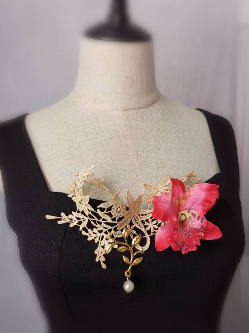 cream gold lace choker floral charm pearl beaded choker necklace white bridal victorian lace collar bib necklace Gothic gold lace choker