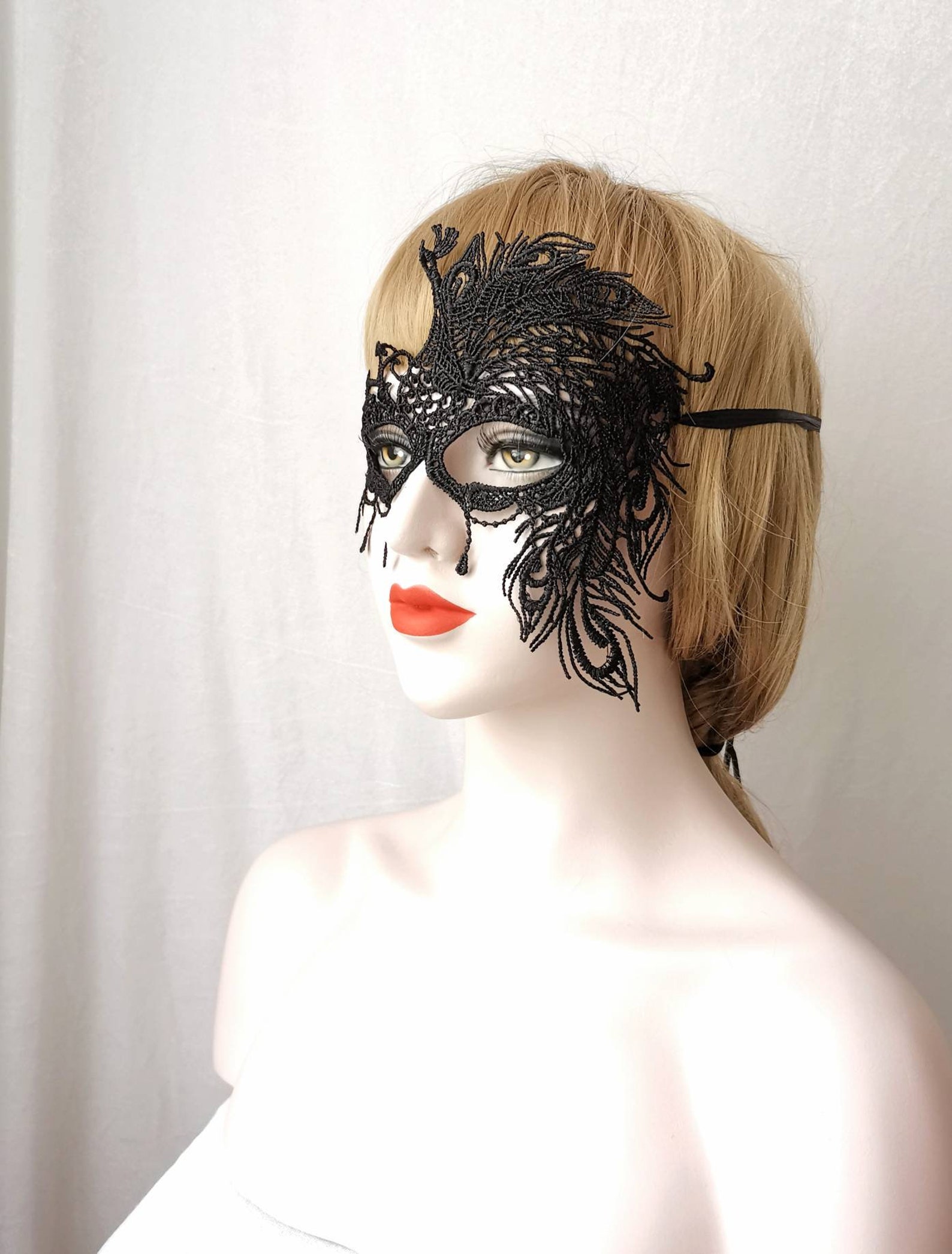 Black Lace Masquerade One Eye Mask Peacock Face Mask Party Etsy