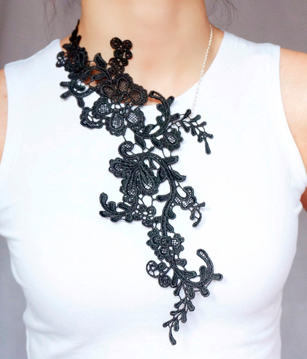 Sale large black /white floral bib lace necklace / gothic | Etsy