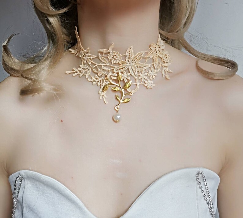 cream gold lace choker floral charm pearl beaded choker necklace white bridal victorian lace collar bib necklace Gothic gold lace choker