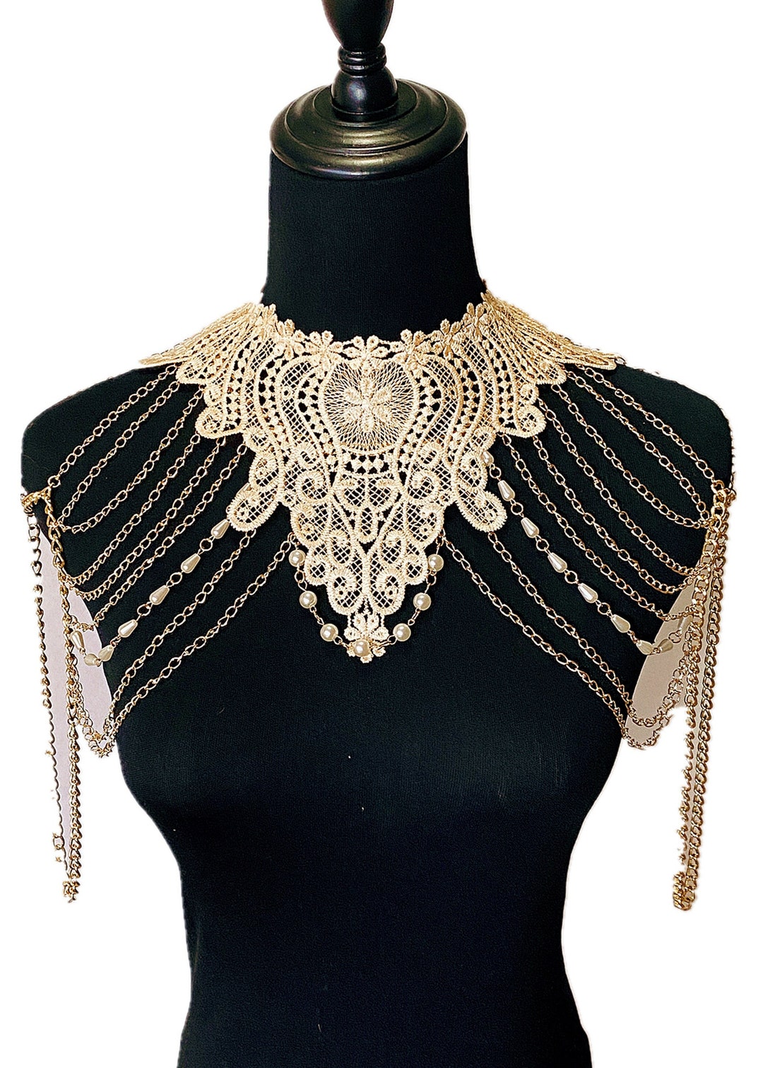 Large Gold Lace Choker Bib Necklace / Shoulder Layered Gold Body Chains