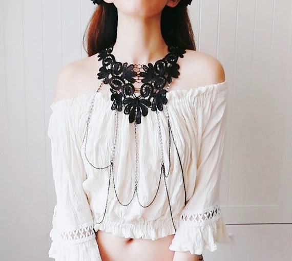 Sale Large Black Lace Bib Body Chain Crystal Rhinestones Etsy
