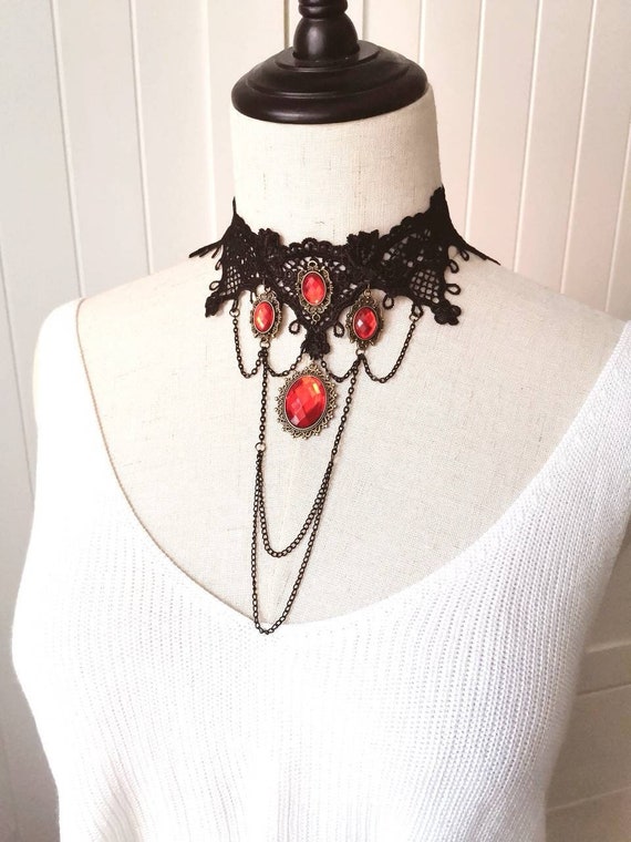 Gothic Black Lace Choker Necklace / Large Red Stone Charms Etsy