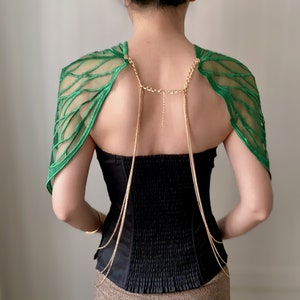 sheer lace butterfly wings cape shawl / gold body chain statement bolero / shoulder necklace / Vintage art deco boho green black silver gift