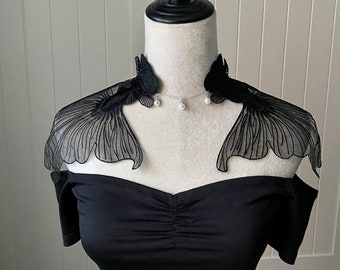 black golden fish lace collar silver necklace shoulder body chain / vintage lace top bolero capelet wrap fantasy gothic boho shower gift