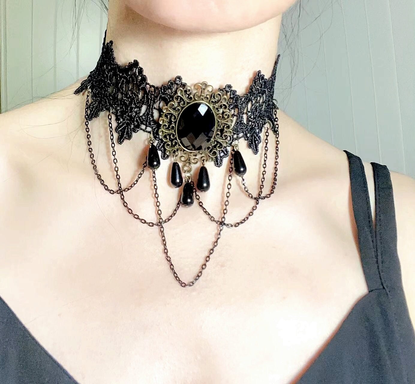 Black Elegant Fabric Handmade Lace Choker Necklaces/Bracelets Jewelry Set  Neckband for Women, Neck Chain Collar Statement with pendant-6Pack/4Pack