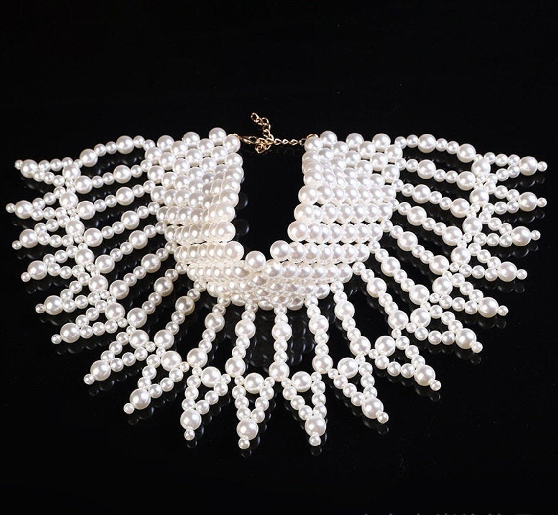 Large white pearls beaded choker necklace statement bib / | Etsy