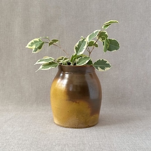 Antique small glazed brown yellow stoneware earthenware vase, primitive aged farmhouse country decor, vintage crock pottery vessel