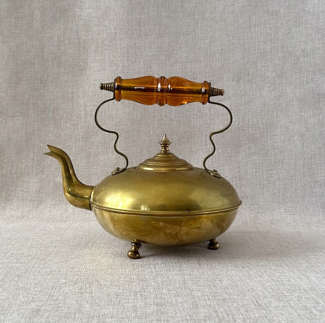 Small Antique Brass Footed Tea Pot With Amber Glass Handle, Vintage ...