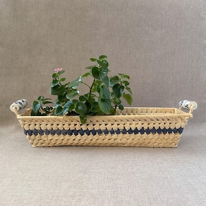 May include: A rectangular woven basket planter with a dark blue geometric pattern and decorative handles. The basket contains a green plant with small pink flowers. The handles have a white and blue design.
