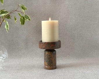 Midcentury modern natural marble stone pillar candle holder, minimalist carved heavy solid marble candle stand