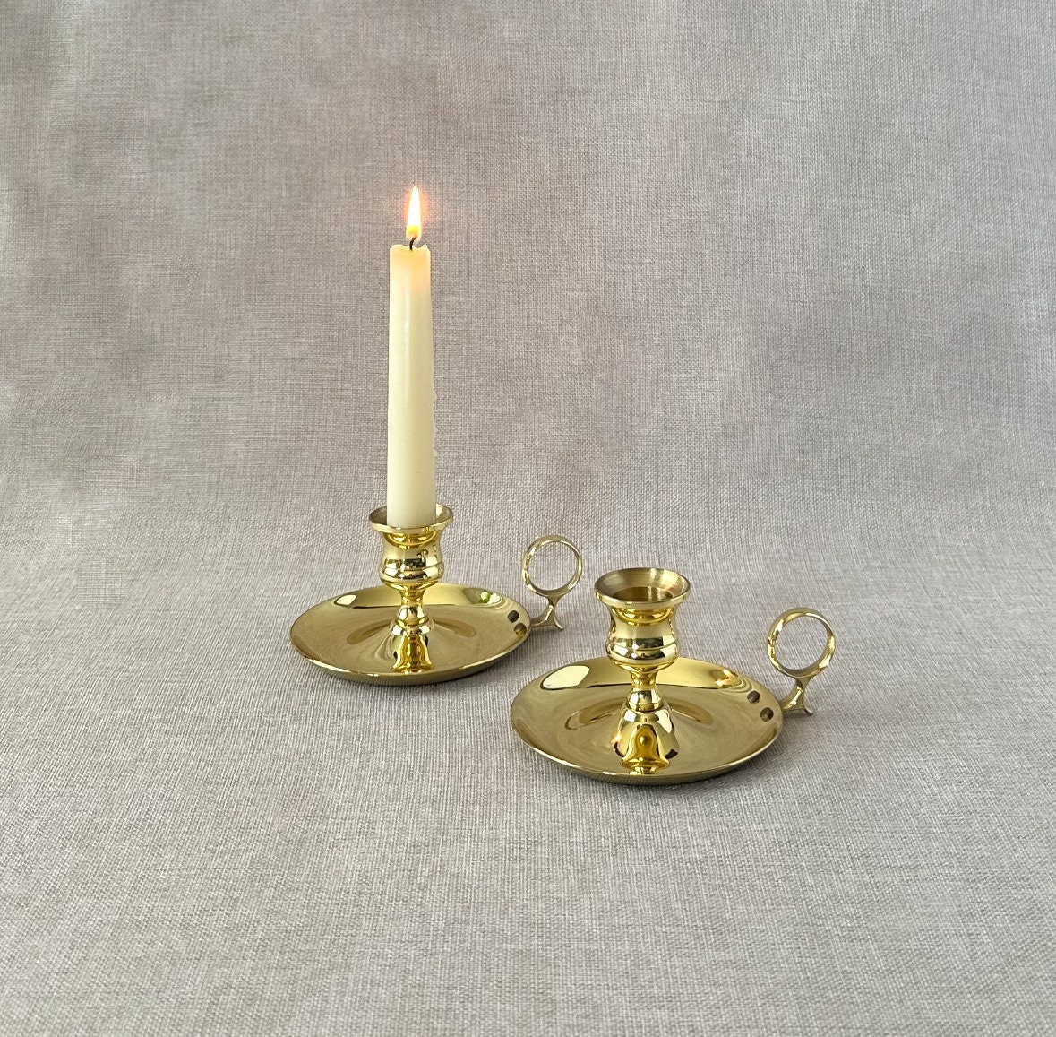 Vintage Pair Brass Chamberstick Candlesticks by BALDWIN - Low Candleholder  w/ Finger Loop