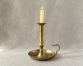 Large vintage solid brass chamber candlestick holder with handle and drip tray, aged antique brass tapered candle holder