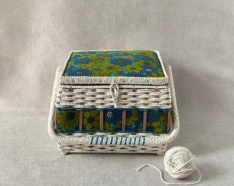 Vintage small sewing basket with woven wicker design and floral pattern with handle, sewing storage with 70s mod floral blue green pattern