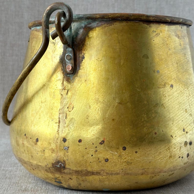 Antique Brass Cauldron With Handle, Collectible Aged Brass Bucket