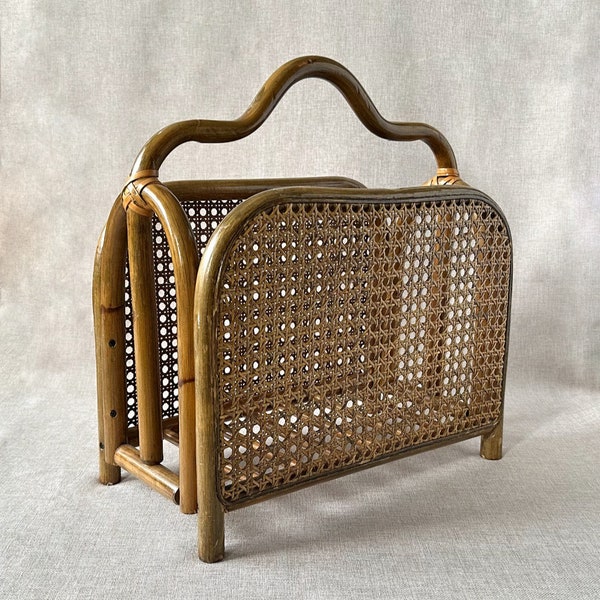 Midcentury modern cane and bentwood bamboo magazine holder, vintage MCM boho magazine rack