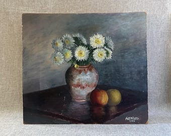 Original 1983 artist signed still life oil on board painting, vintage unframed realist flower vase and fruits art, farmhouse country kitchen