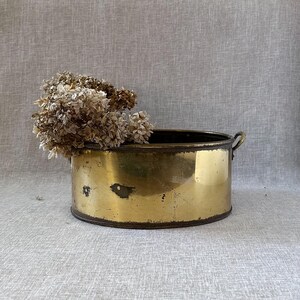 May include: A vintage, round brass planter with two small handles. The planter has a shiny gold finish with some signs of wear and tear. Dried flowers are placed inside the planter, adding a touch of natural texture and color. The planter is a decorative item.