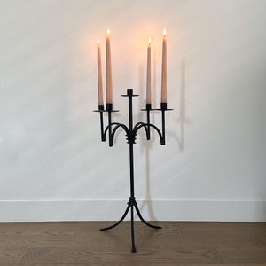 Tall five-arm black wrought iron floor candelabra, midcentury modern tapered candlestick tripod standing candalebra, gothic rustic decor