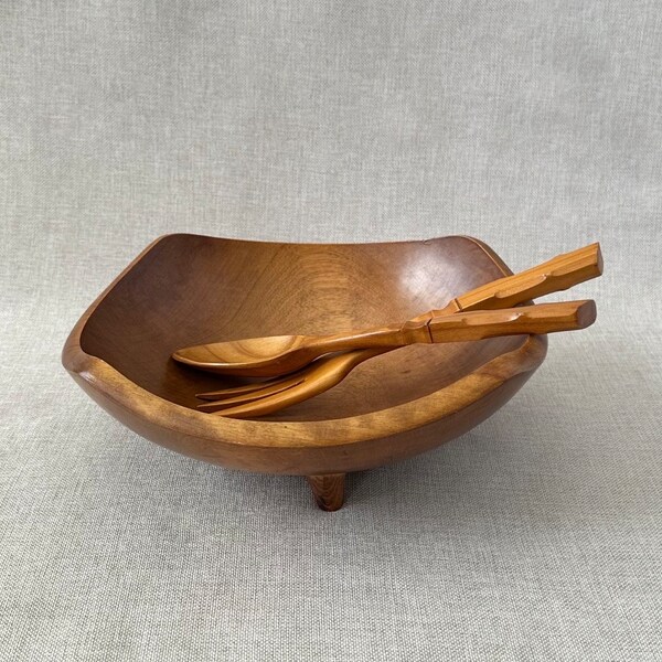 Baribocraft Canada vintage small wooden footed salad bowl with serving spoon and fork set, midcentury teak handcrafted wooden bowl