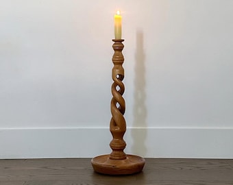 Vintage hand carved wooden open barley twist candlestick holder, tall midcentury modern solid wood spiral design tapered candle holder