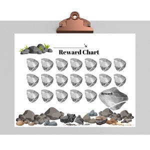May include: A printable reward chart with a rock theme. The chart has 20 gray rocks to color in and a larger gray rock labeled "Reward".