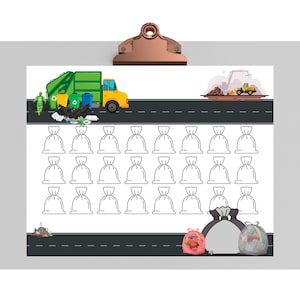 May include: A printable chart with a garbage truck, a bulldozer, and trash bags. The chart is designed for a classroom activity to teach about recycling and waste management.