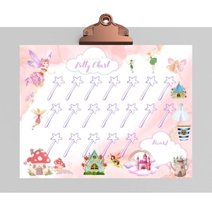 May include: A pink and white printable fairy themed reward chart with a cloud shaped title that says "Potty Chart". The chart has 20 stars that can be coloured in as a reward for using the potty. The chart also features a variety of fairy and castle illustrations.
