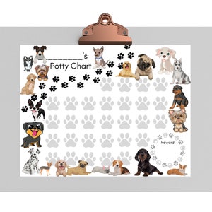 Op de afbeelding: Een wit, printbaar zindelijkheidstrainingsschema voor honden met een rand van poot afdrukken en verschillende hondenrassen. Het schema heeft ruimte voor de naam van de hond en een sectie voor beloningen.