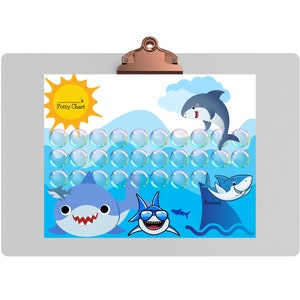 May include: A blue and white potty chart with a sun, clouds, and sharks. The chart has 36 bubbles that can be marked off as the child uses the potty. The chart says "Potty Chart" at the top.