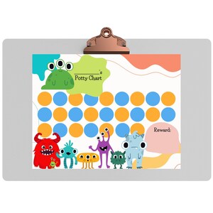 Puede incluir: Un gráfico de entrenamiento para ir al baño imprimible y colorido con un tema de monstruos. El gráfico tiene un espacio para escribir un nombre, una cuadrícula de círculos para colorear y un espacio para una recompensa. El gráfico presenta una variedad de monstruos coloridos.