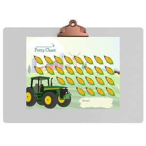 Puede incluir: Un tractor verde con un gráfico de recompensa de mazorcas de maíz. El gráfico tiene 25 mazorcas de maíz para colorear. El gráfico está etiquetado como "Potty Chart".